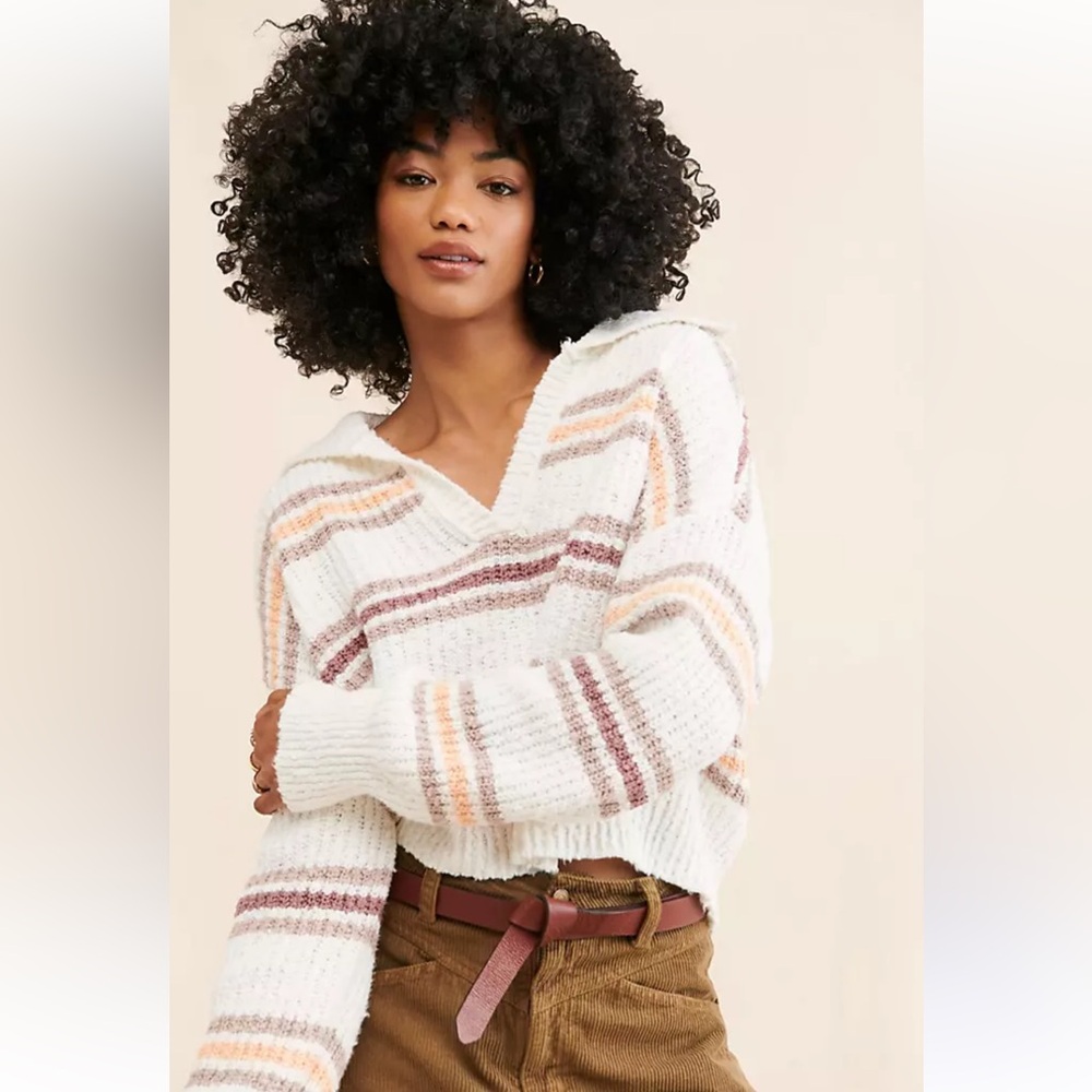Free People Kennedy Striped chunky knit V-Neck Sweater Cream